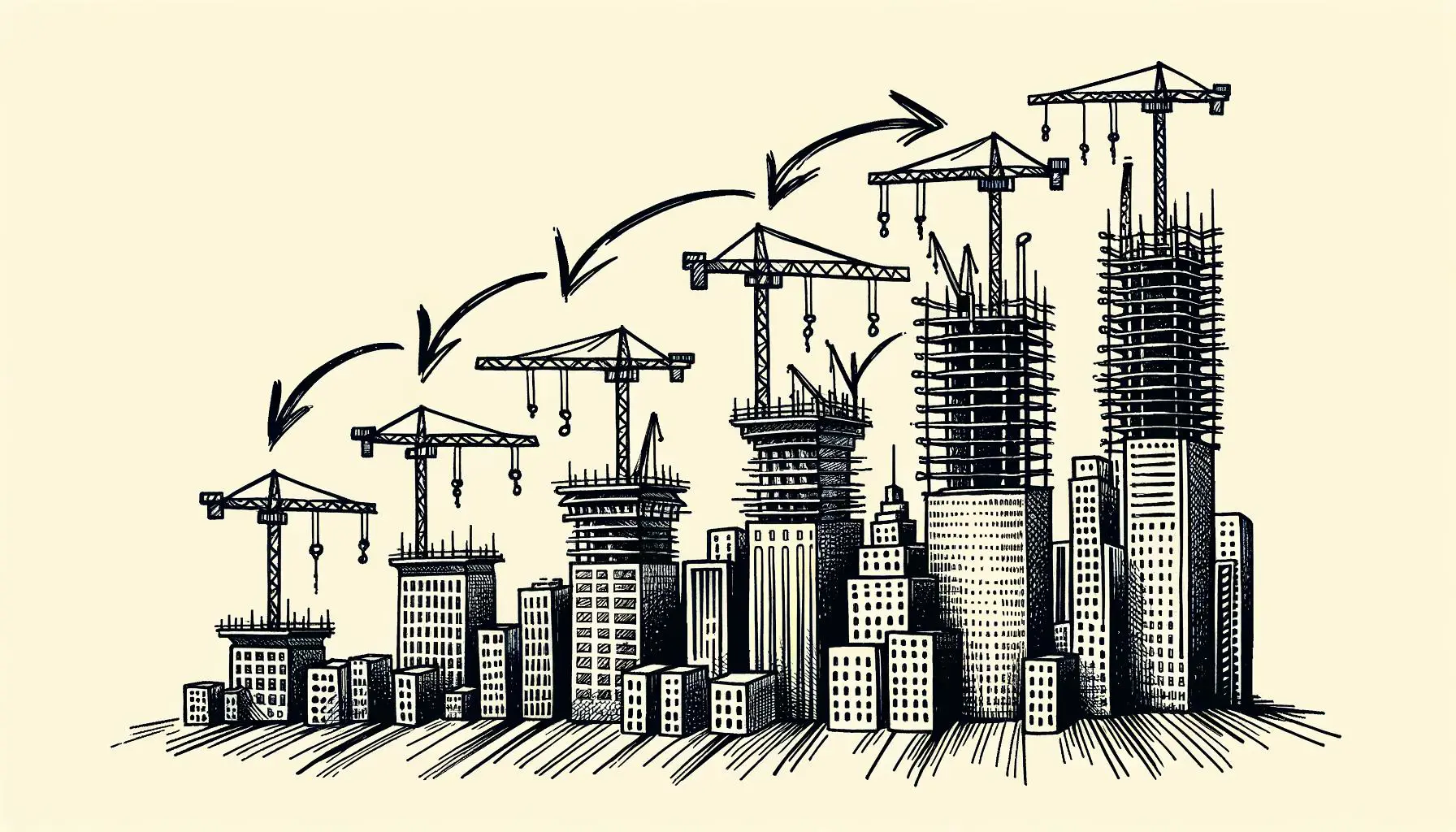 Illustration of construction cranes and burgeoning city skyline depicting growth