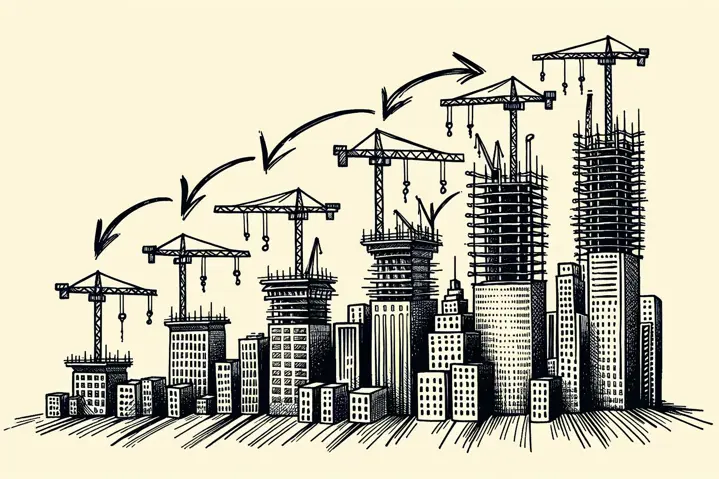 Illustration of construction cranes and burgeoning city skyline depicting growth