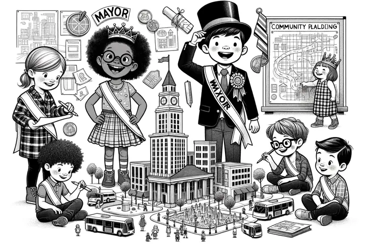 Children envisioning themselves as mayors with community symbols.