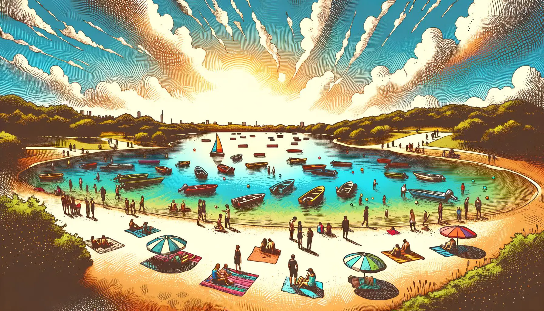 Lake Kohlmier outdoor activities with boats and beachgoers.