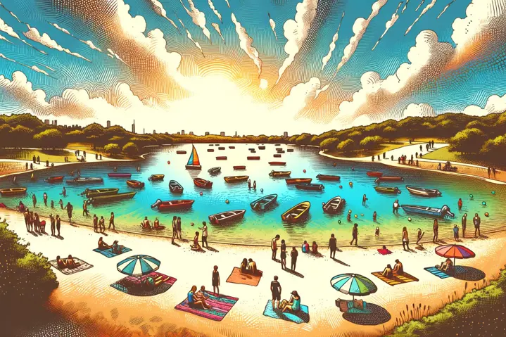 Lake Kohlmier outdoor activities with boats and beachgoers.