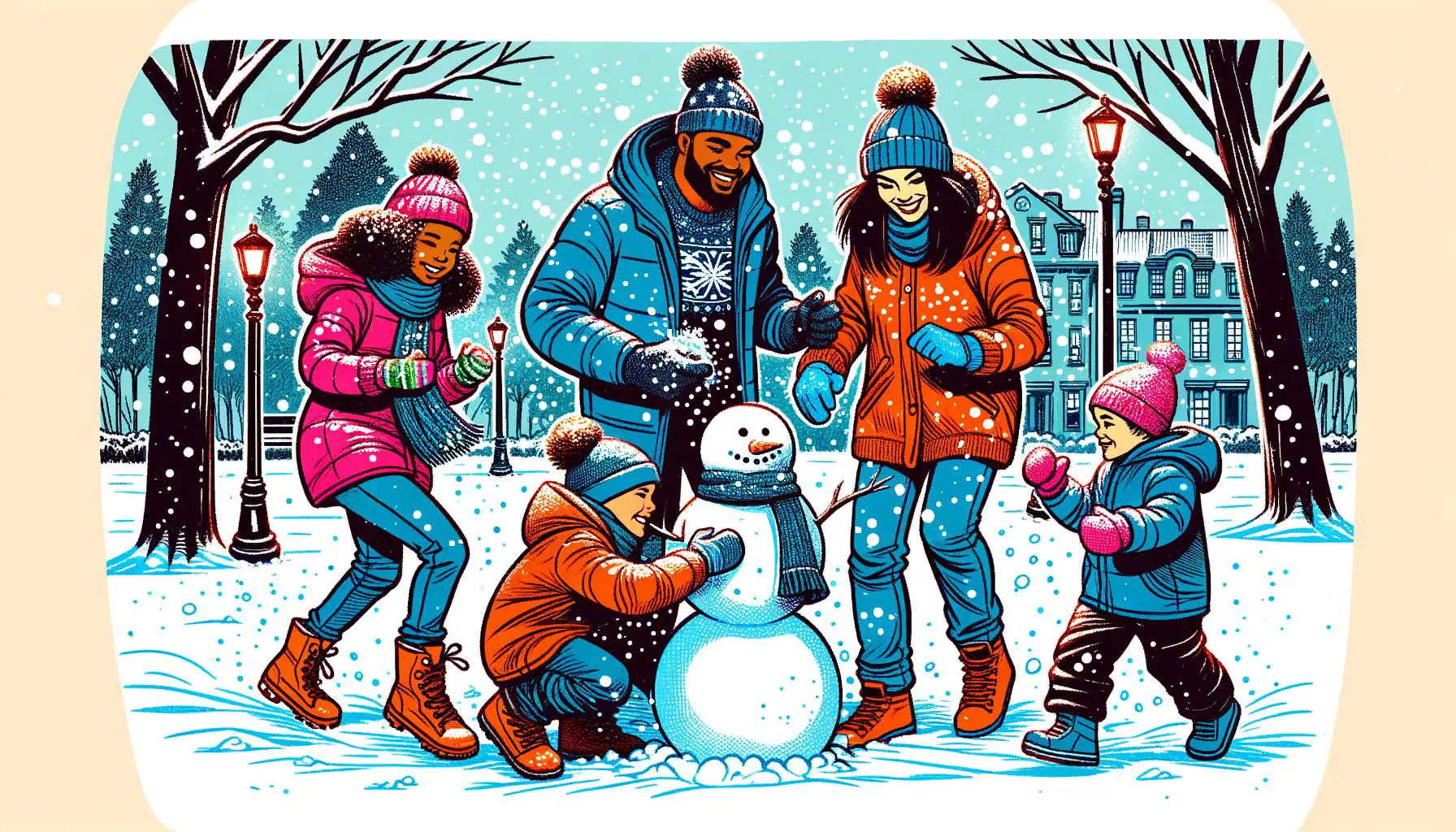 Illustration of a family engaged in winter festivities in Owatonna