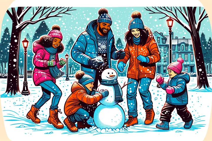 Illustration of a family engaged in winter festivities in Owatonna