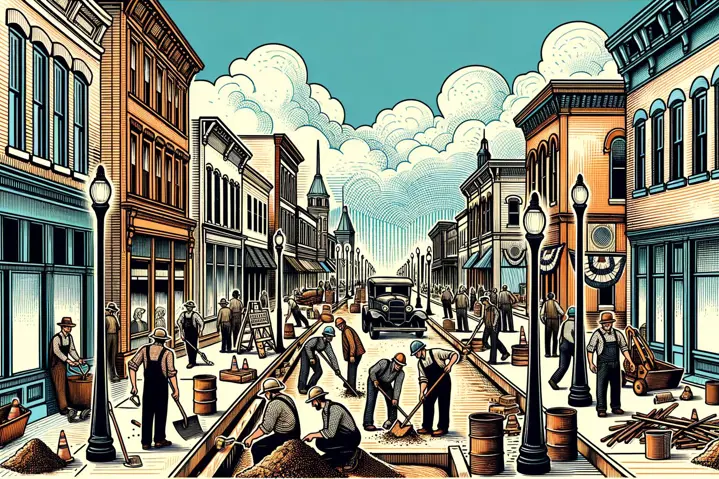 A hand-drawn, bold line image of a small midwestern town street renovation project.