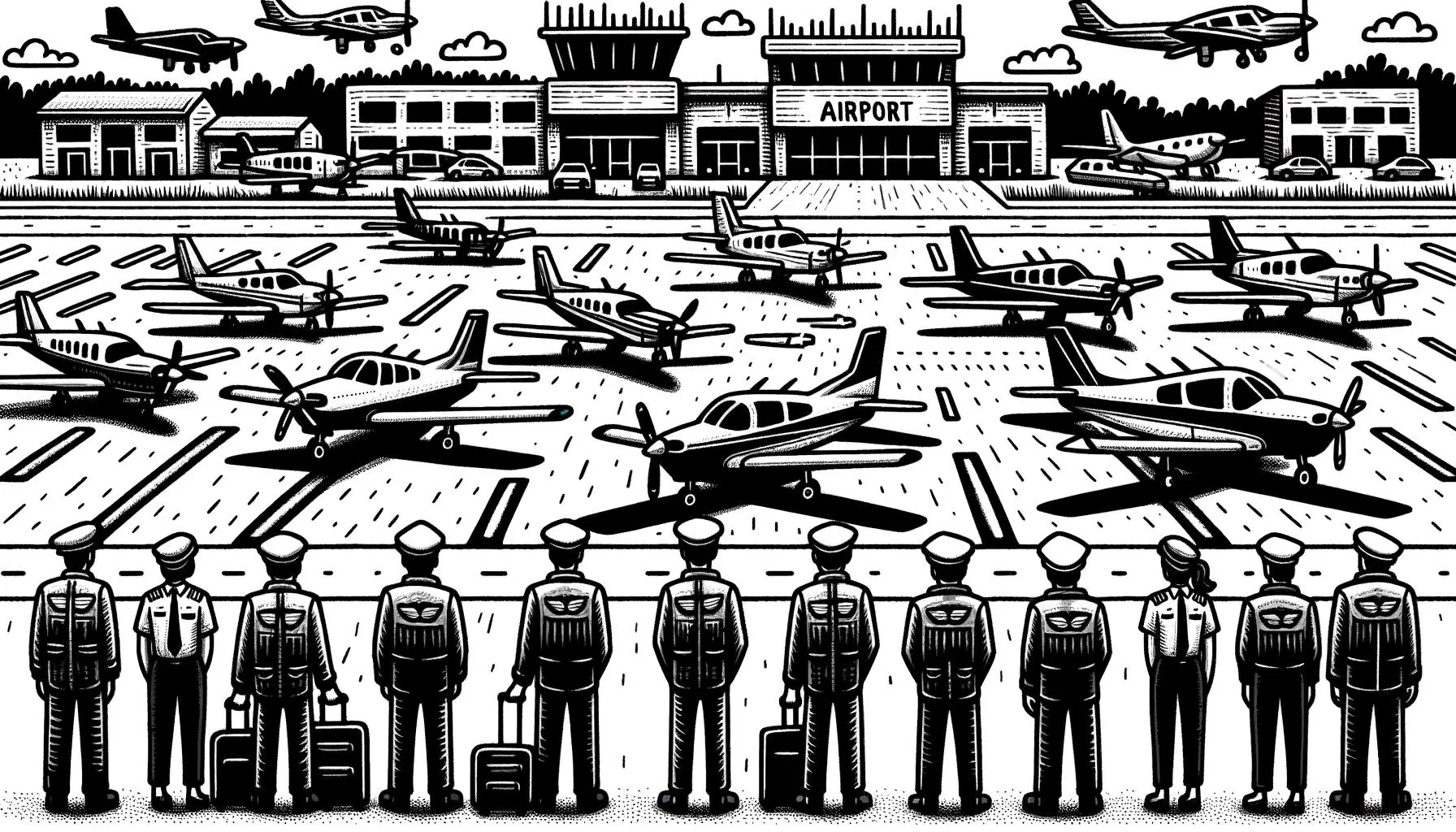 Drawing of planes and pilots at Owatonna Degner Regional Airport.