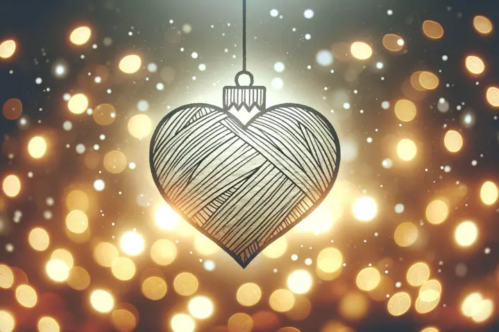Paper heart ornament with festive lights background.