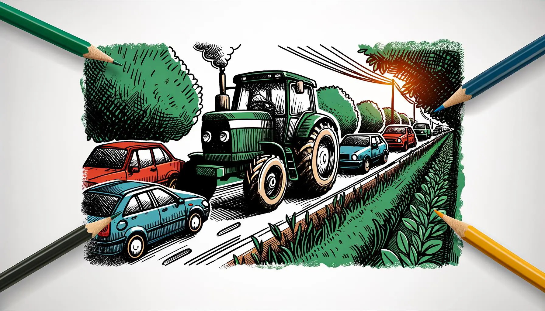 Doodle of a tractor on a country road.