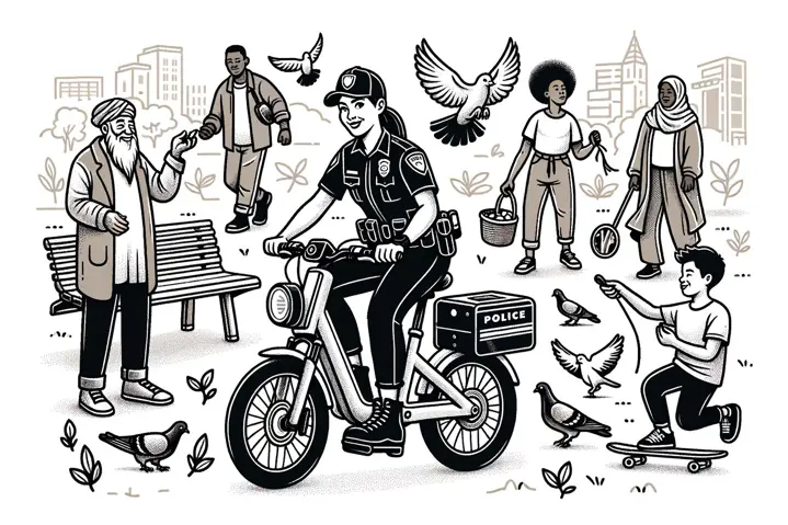 Illustration of an officer on an e-bike in a community setting