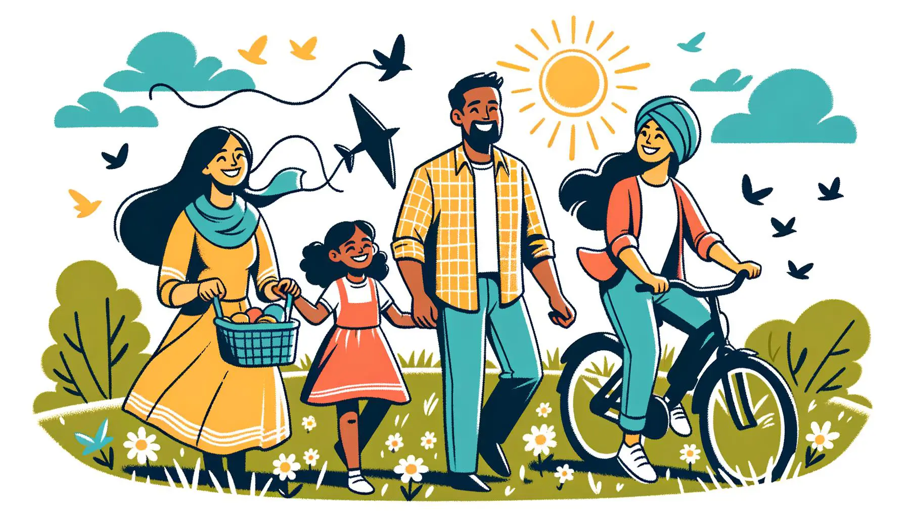 Illustration of a family engaged in springtime outdoor recreation