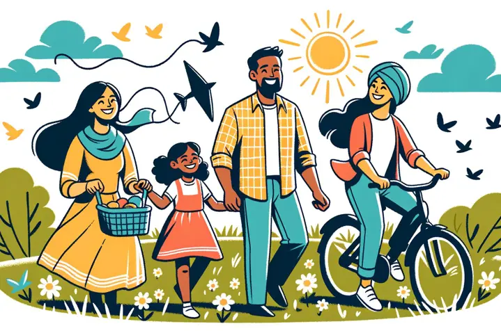 Illustration of a family engaged in springtime outdoor recreation