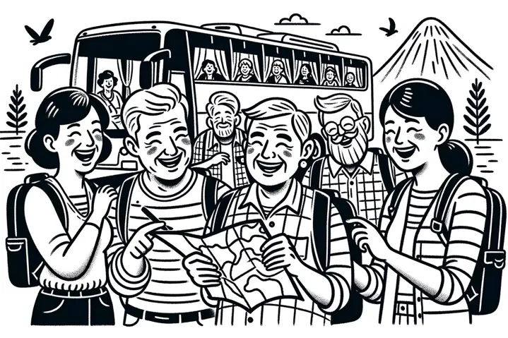 Illustration of cheerful senior citizens on a bus adventure