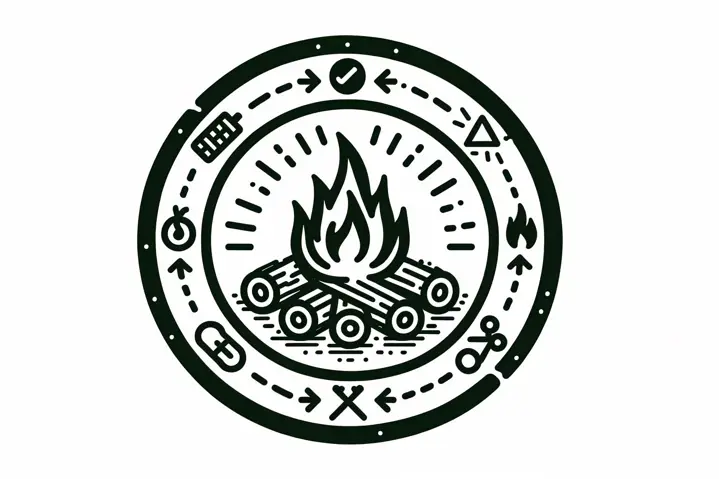 Illustration of a campfire with safety symbols