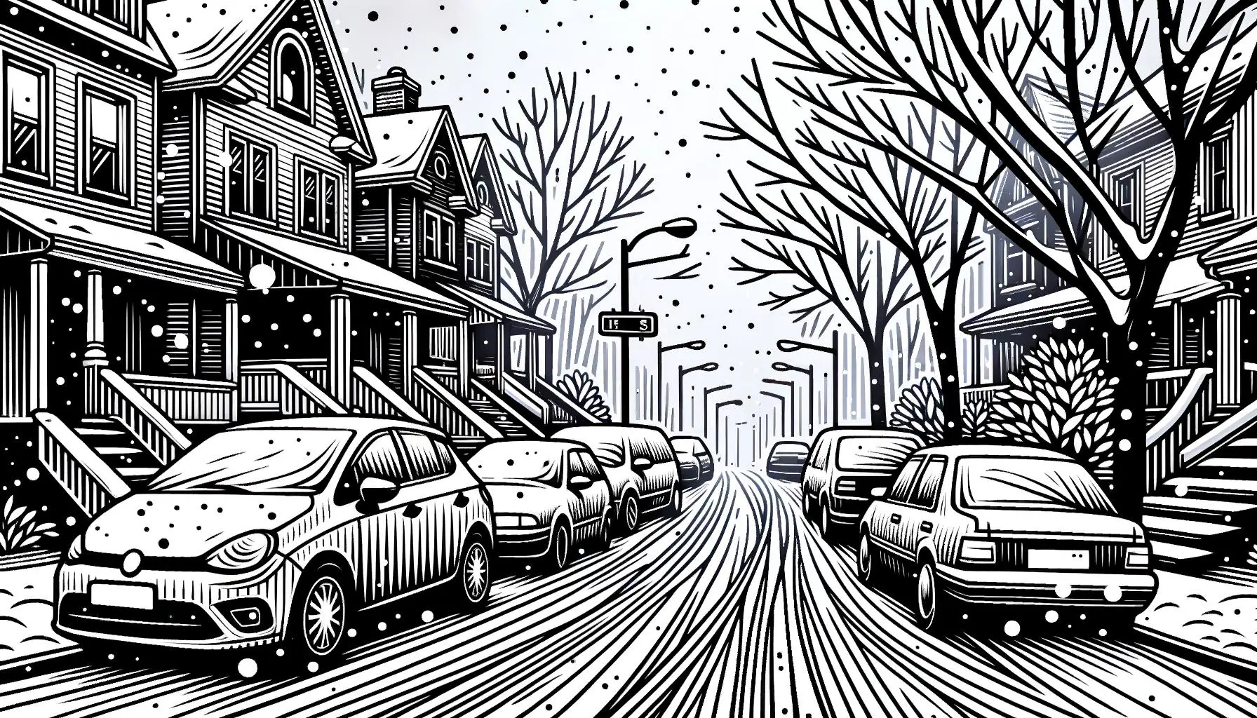 Illustration of cars parked on a snowy street with numbered signs.