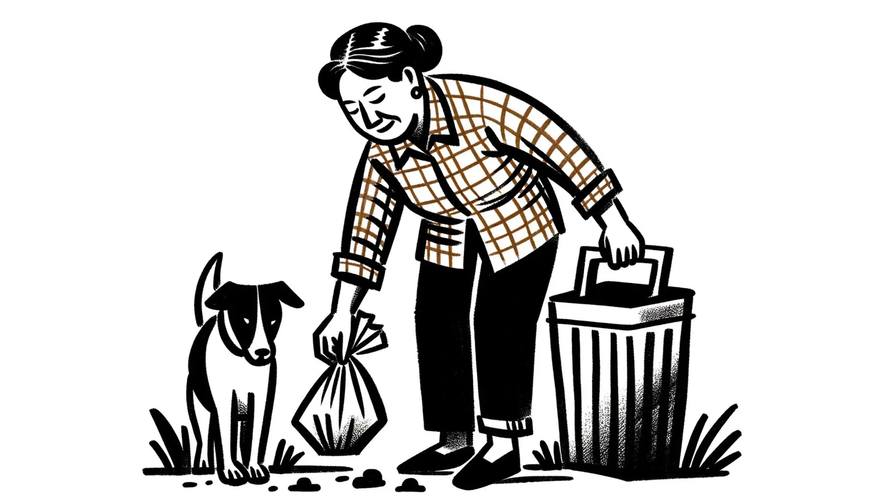 Line drawing of someone cleaning up after their dog