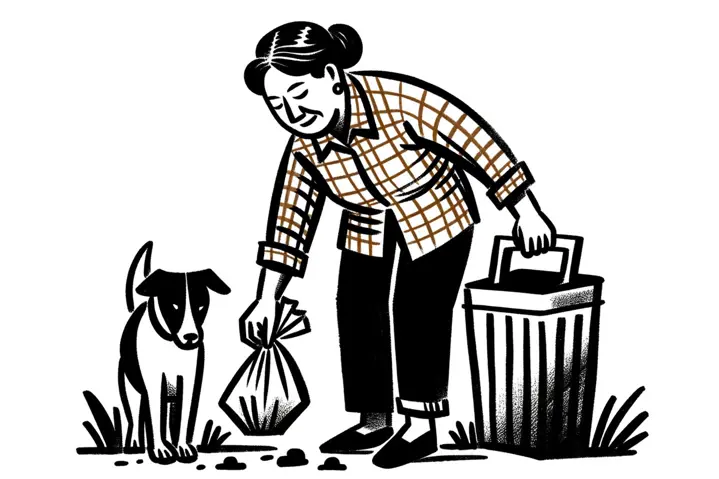 Line drawing of someone cleaning up after their dog