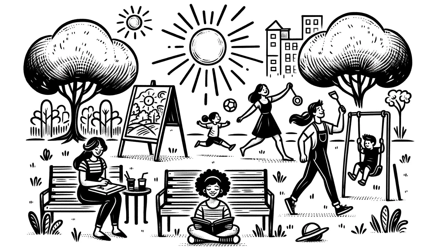 Illustration of summer jobs in a park with people of all ages engaged in various activities