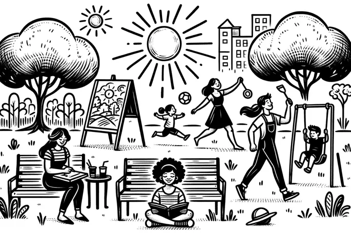 Illustration of summer jobs in a park with people of all ages engaged in various activities