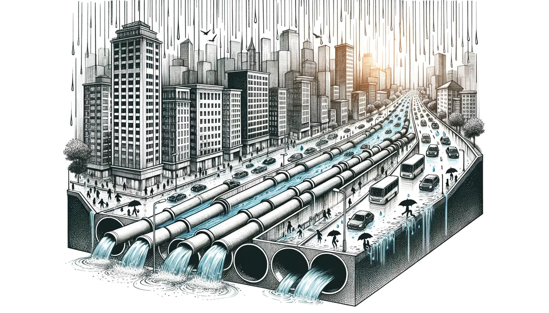 Illustration of stormwater management system in an urban area.