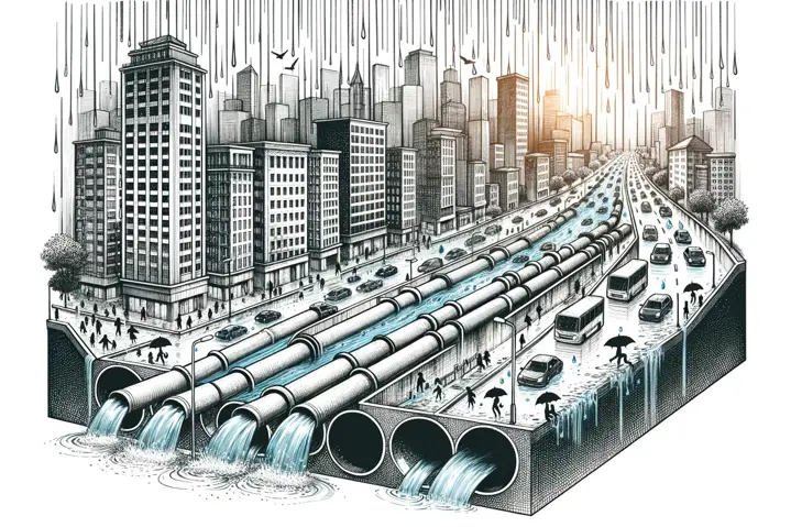Illustration of stormwater management system in an urban area.