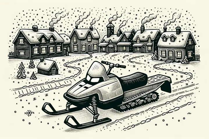 Illustration of snowmobile regulations in a small town setting