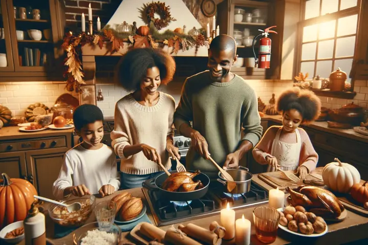 Family cooking safely during Thanksgiving with visible safety measures