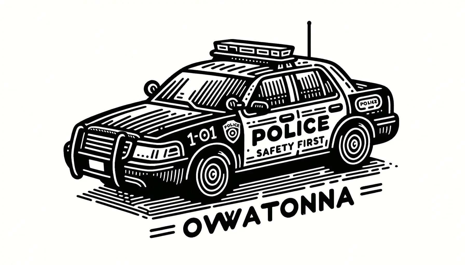 Illustration of Owatonna police car with 'Safety First' slogan