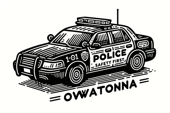 Illustration of Owatonna police car with 'Safety First' slogan