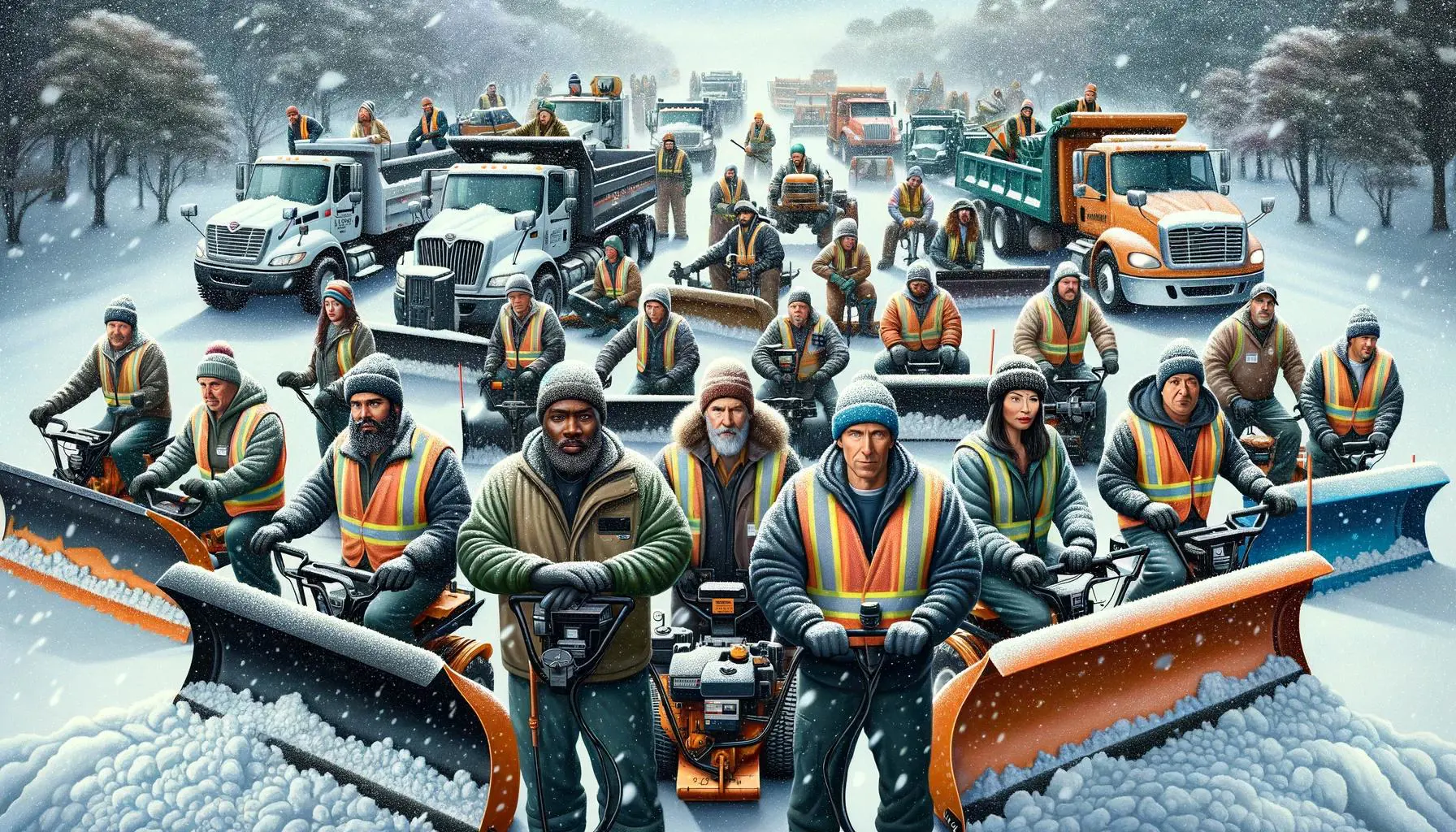 A rendering of a crew of city workers with snow equipment.