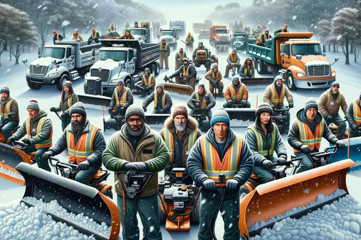 A rendering of a crew of city workers with snow equipment.