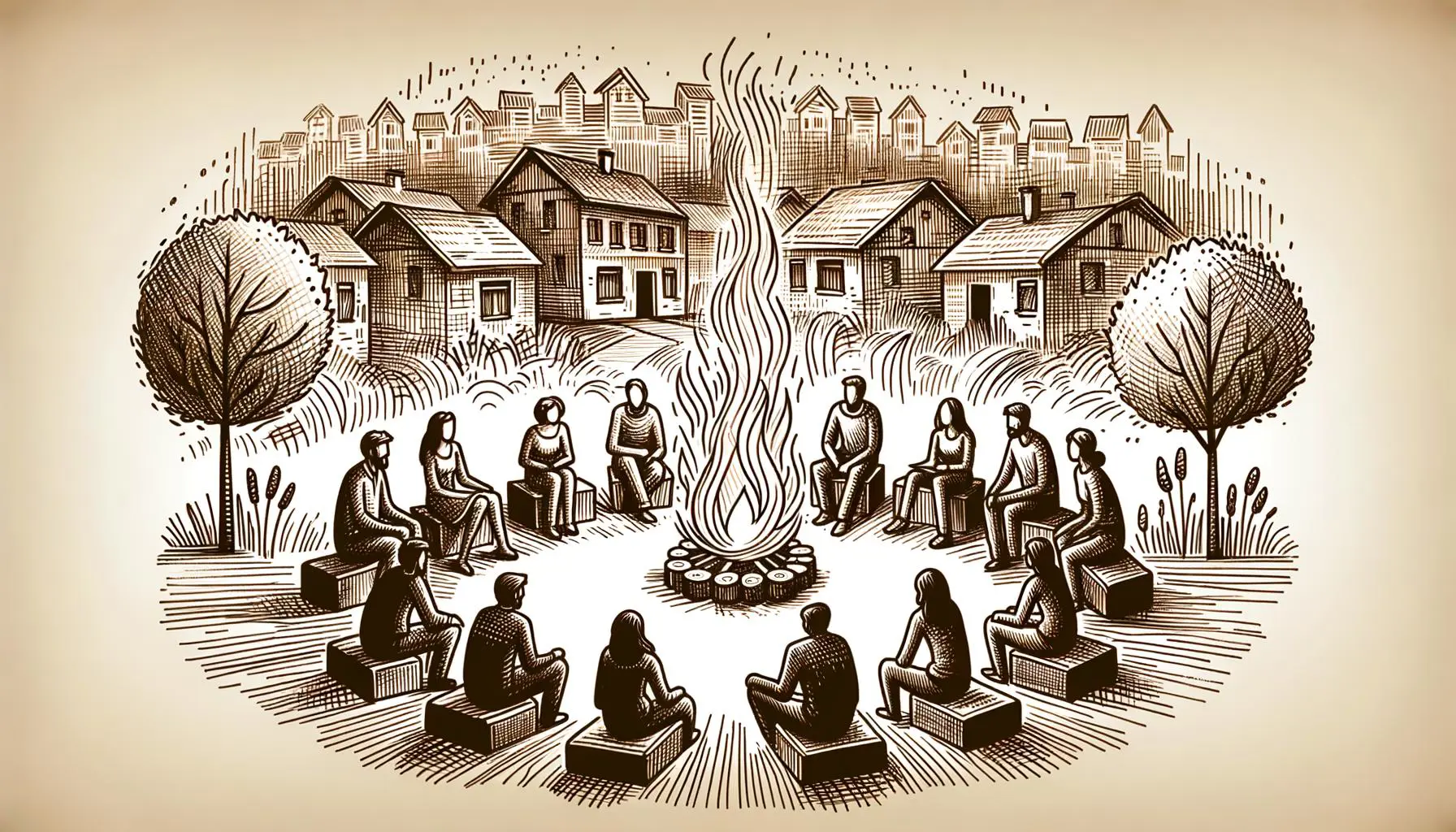 Illustration of a fire pit with people and homes in the background.