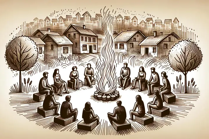 Illustration of a fire pit with people and homes in the background.