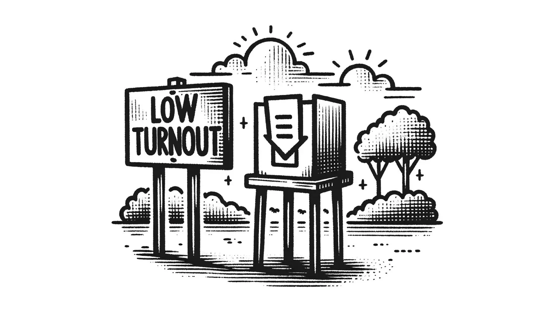 Illustration of an empty voter booth with a 'low turnout' sign