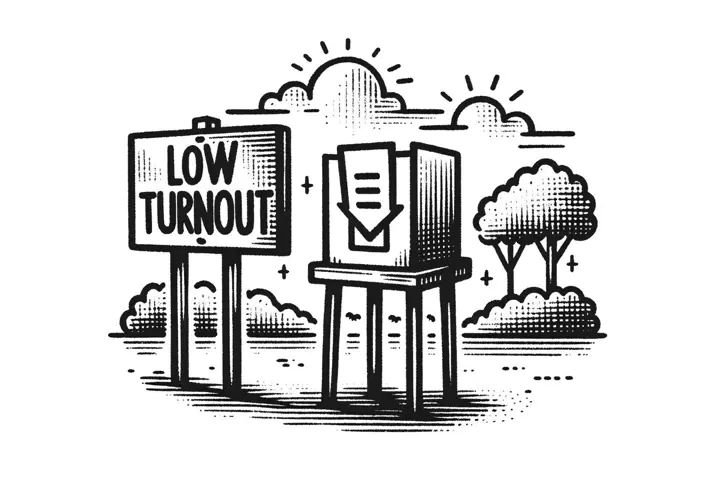 Illustration of an empty voter booth with a 'low turnout' sign