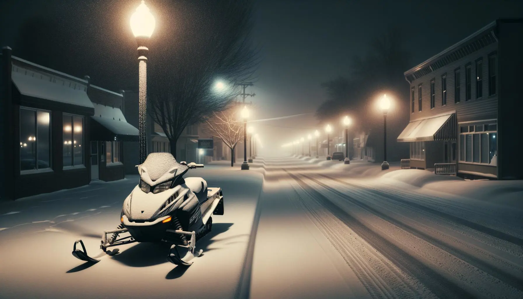 A snowmobile cruising on a snowy city street with city limit signs.