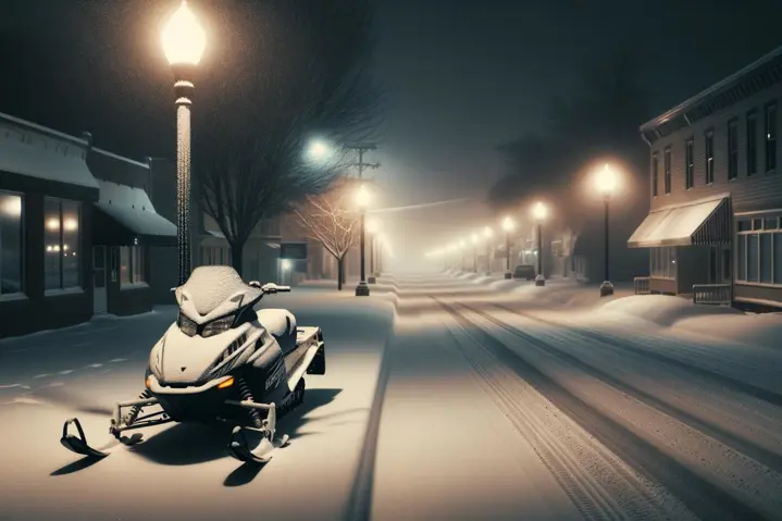 A snowmobile cruising on a snowy city street with city limit signs.