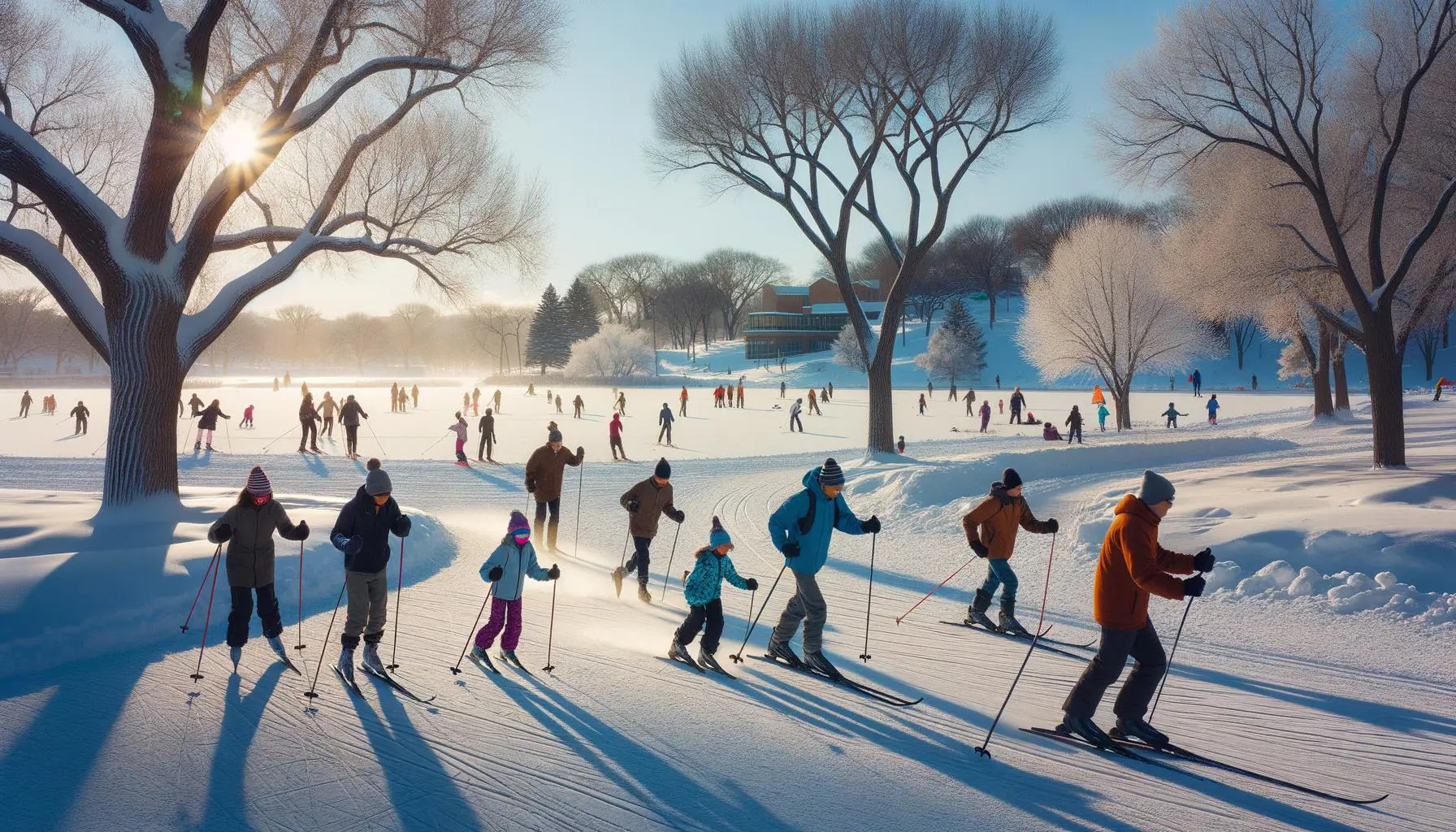 People enjoying winter sports like cross-country skiing and skating in Owatonna's scenic snowy parks.