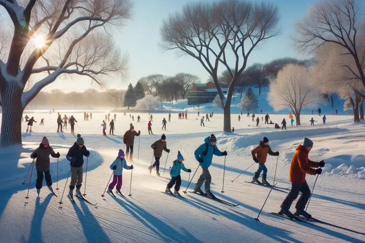 People enjoying winter sports like cross-country skiing and skating in Owatonna's scenic snowy parks.