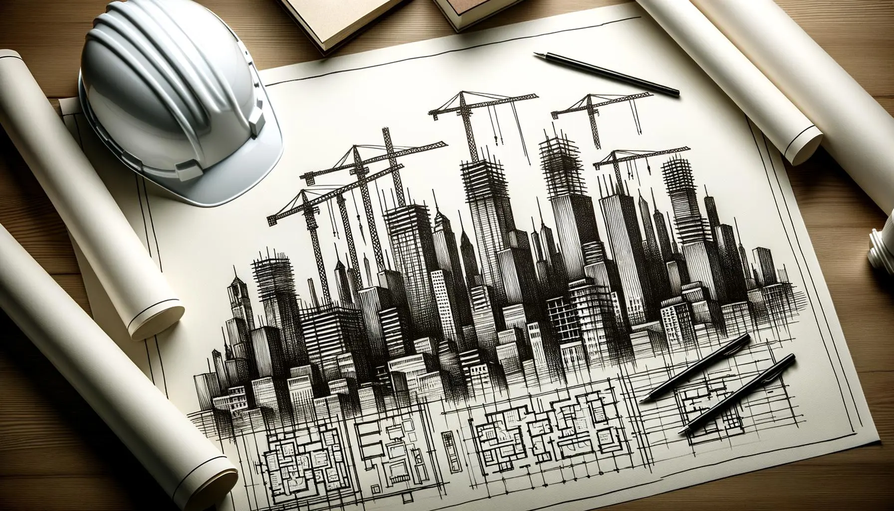 Sketch of construction blueprints and city infrastructure development