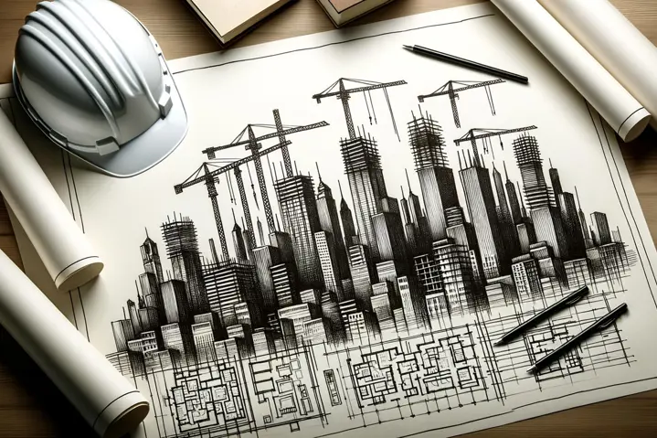 Sketch of construction blueprints and city infrastructure development