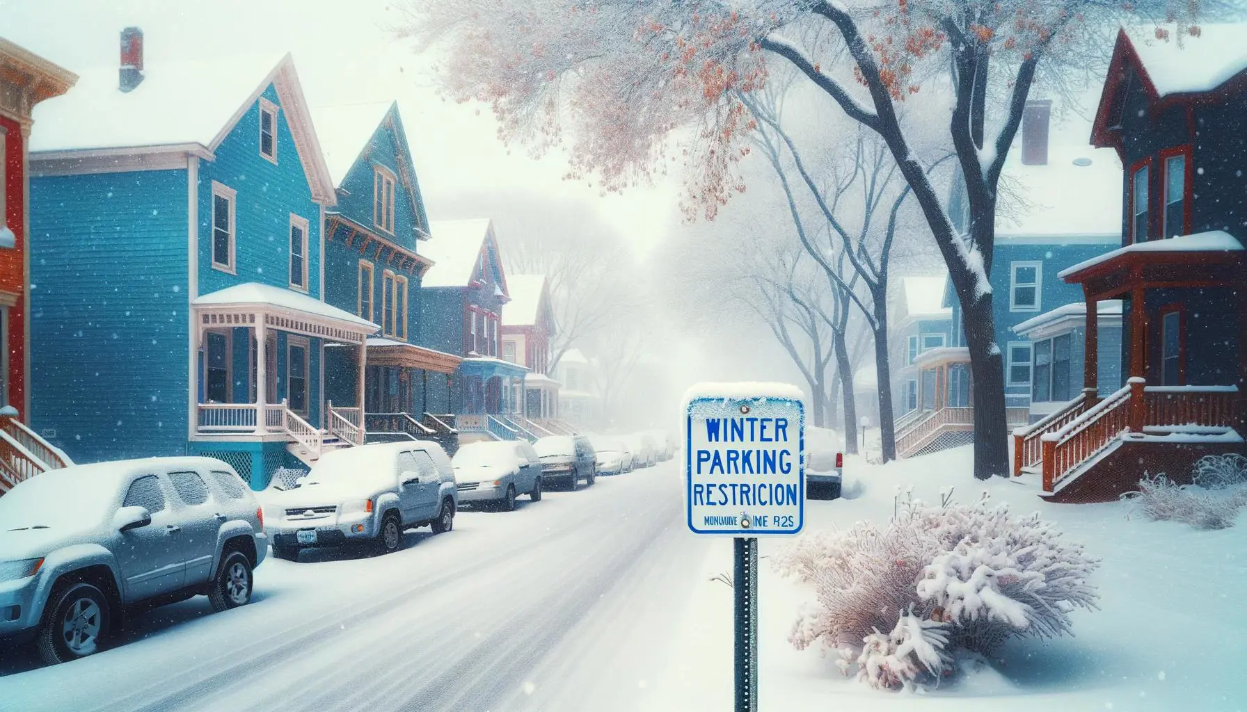 A wintery street with a parking restriction sign