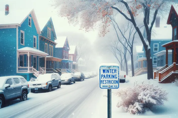 A wintery street with a parking restriction sign