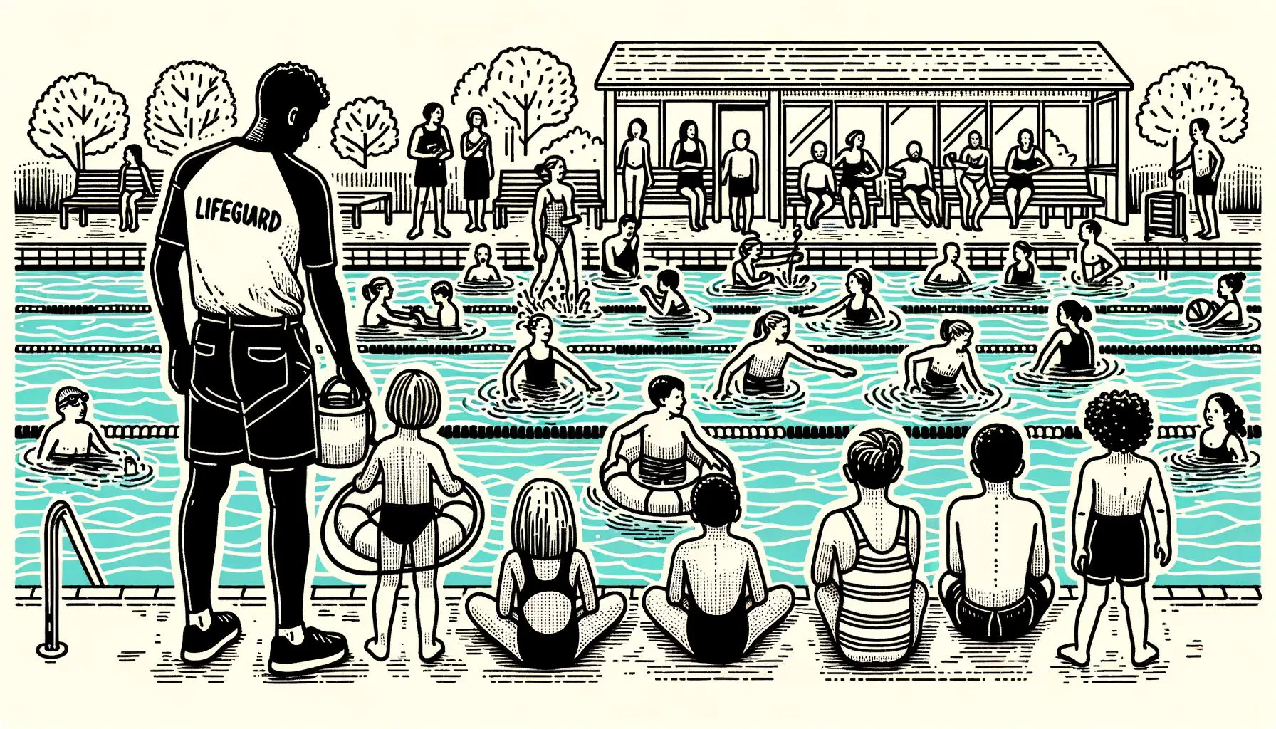 Doodle of community members enjoying swimming and water aerobics with a lifeguard on duty