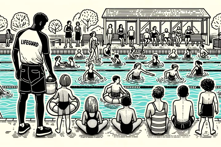 Doodle of community members enjoying swimming and water aerobics with a lifeguard on duty